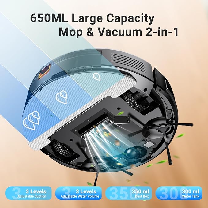 Robot Vacuum and Mop Combo, Robotic Vacuum Cleaner 5000Pa Strong Suction 130 Mins Runtime, Slim, Low Noise, Automatic Self-Charging, Wi-Fi/App/Alexa Control, Ideal for Hard Floor, Carpet, Pet Hair