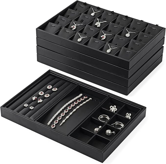 Oirlv Black Premium Leather 24 Grid Stackable Jewelry Insert Tray for Rings Organizer and Display