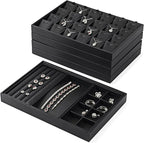 Oirlv 4 in 1 Black Premium Leather Multifunctional Jewelry Display Tray for Rings,Earrings and Bracelets Organizer and Storage