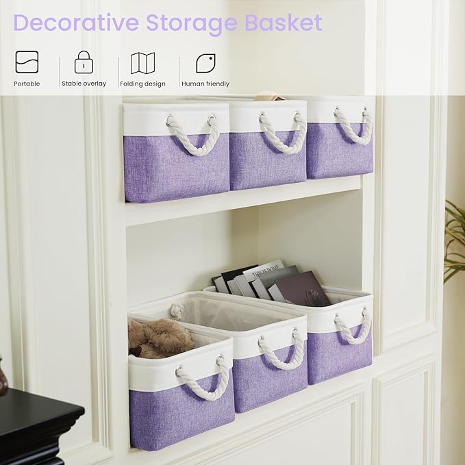 Storage Baskets for Shelves 13.8x9.8x6.7 Inch-Foldable Fabric Organizing Storage Bins with Handles, Closet & Bathroom Organizer, Home Storage for Kitchen, Office (3-Pack, White&Purple)