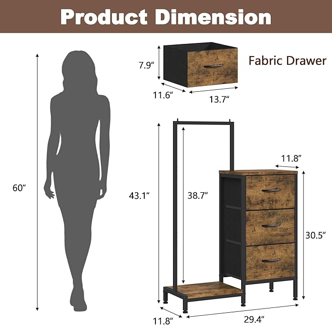 Dresser for Bedroom with Hanging Rack, 3 Drawers Dresser for Bedroom - Rustic Brown
