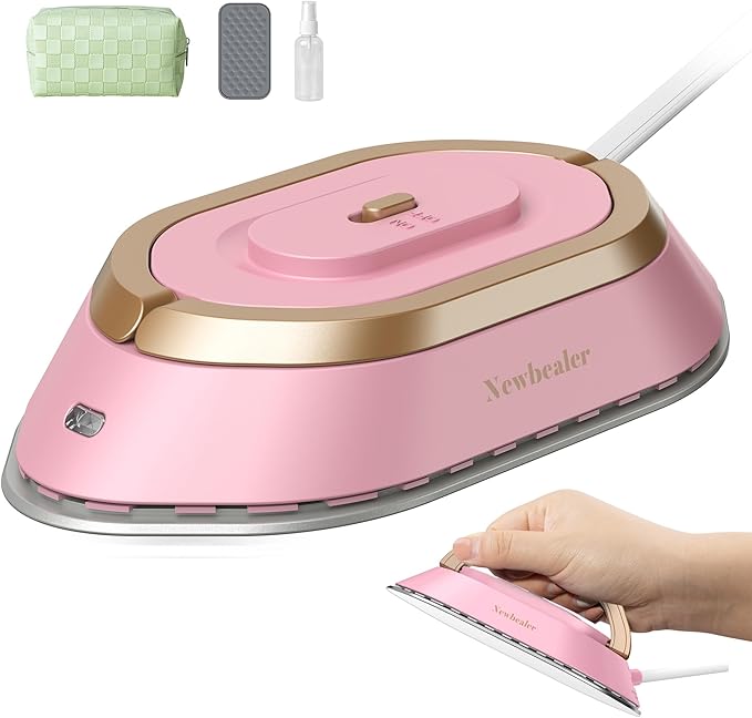 Newbealer Travel Iron with Global Voltage, 100-240V Mini Dry Iron for Clothes (No Steam), Max 300W, 60s Heat Up, 302℉ Non-Stick Ceramic Soleplate, 0.8lbs Ultra-Lightweight (Pink)