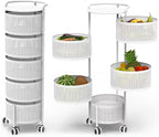 JAQ Rotating Fruit Basket, 5-Tier Metal Sturdy Kitchen Storage Rack Carts No Assembly on Rolling Wheels for Fruit Vegetable Grocery Corns Potato Onion in Bathroom(White, 5-Tier)