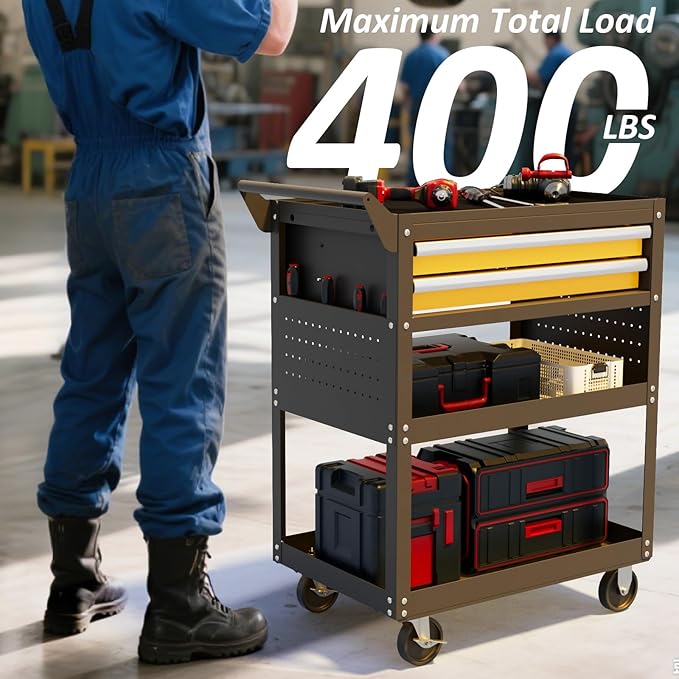 5 -Tier Heavy Duty Rolling Tool Cart on Wheels with 2 Lockable Drawers, Pegboard & Locking Wheels, 400Lbs Capacity Mobile Garage Storage Organizer for Mechanics, Workshop