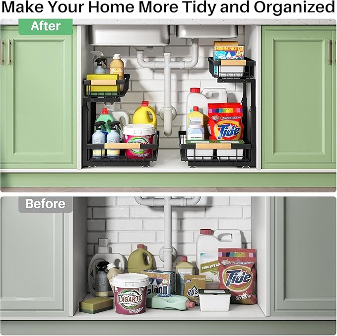 2 Tier Under Sink Storage & Organisation, Under Bathroom Cabinet Storage, Kitchen Sink Organiser Rack, Multi-purpose Under Sink Shelf Organizer (Black)