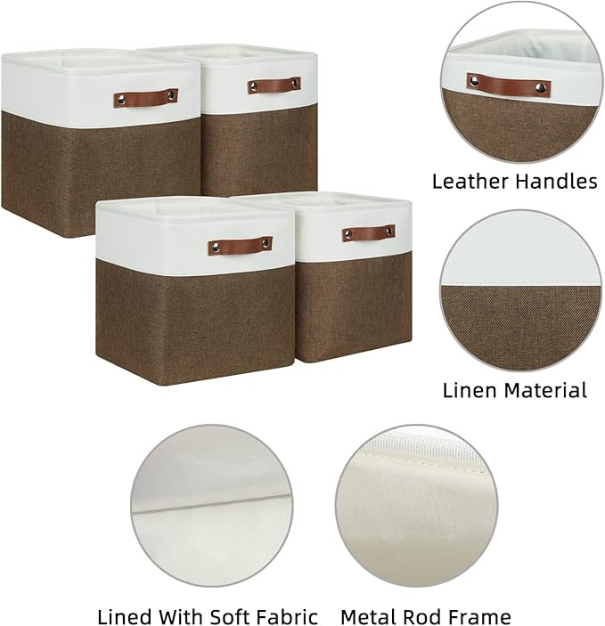 HNZIGE Fabric Storage Baskets 4 Pack,Storage Cube Baskets 11x11, Foldable Cube Storage Bin Baskets for Shelves with Handles, Decorative Storage Bins for Organizer Home Toy Nursery Closet(Brown Gray)