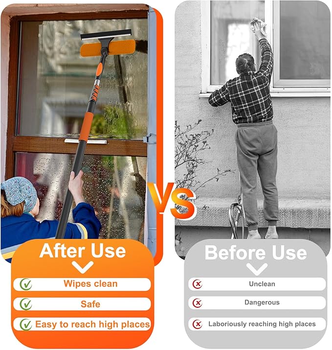 20FT Window Squeegee with Extension Pole, 2-in-1 Squeegee for Window Cleaning, Professional Cleaning Kit for Home with 12FT Telescoping Pole for Outdoor Indoor Use