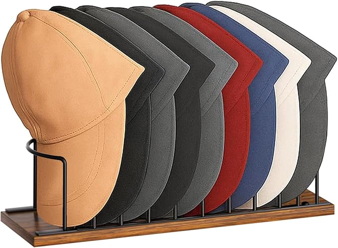SWTYMIKI Hat Stand for Baseball Caps - Wood & Metal Tabletop Hat Organizer Storage Display Rack, Holds up to 10 Caps for Desk, Closet Shelf, Dresser (Black)