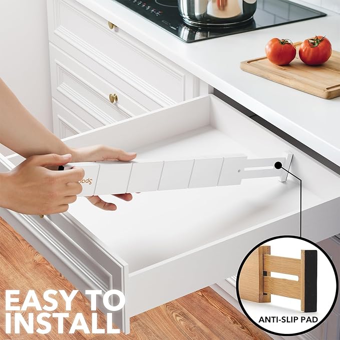 SpaceAid Bamboo Drawer Dividers with Inserts and Labels, Kitchen Adjustable Drawer Organizers, Expandable Organization for Home, Office, Dressers, 7 Dividers with 15 Inserts (17"-22" White)