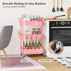 3 Tier Rolling Storage Cart Metal with Wheels, Pink Three Tiered Craft Cart Organizer on Wheels, Utility Carts for Baby Nursery, Diaper Caddy, Art, Book, Snack, Nail, Makeup, Bathroom Supplies, Mesh