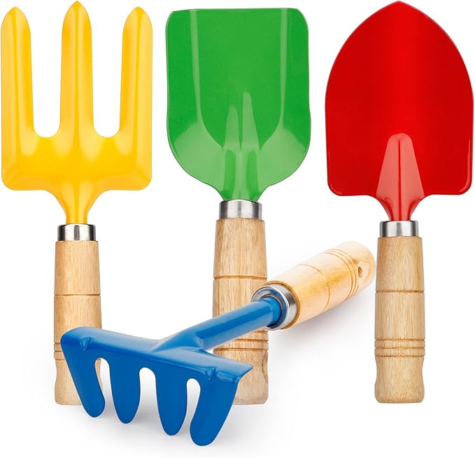 Metal Garden Tool Set with Scoop Leaf Rake Weed Fork Hoe Sand Toy for Kids Adults, Toddler Beach Sandbox Shovels Kit, Beach Garden Gear Accessories Gift for Outdoor Digging Treasure Hunt(4PCS)