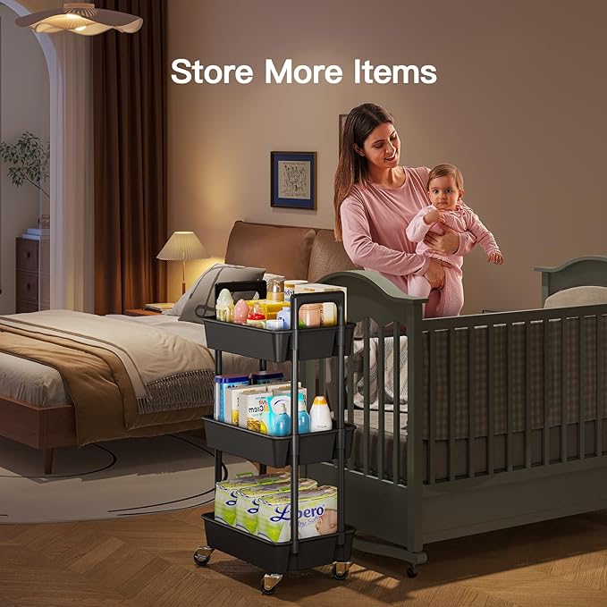 Pipishell 3 Tier Rolling Cart Organizer, Plastic Rolling Cart with Lockable Wheels & Reinforced Handle, Lightweight Utility Cart Storage Cart for Nursery, Kitchen, Bathroom, Craft Room, Black, PIUC14B
