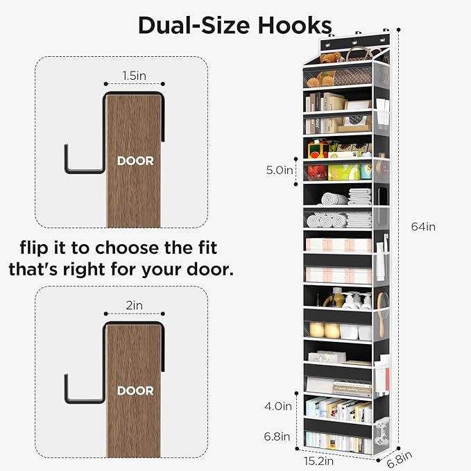 Over The Door Organizer, 8 Shelf Door Hanging Organizers with 8 Large Capacity Pockets, Back of Door Organizer Storage Hanging Shelves for Closet Bathroom Bedroom Nursery