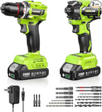21V Cordless Drill & Impact Driver Combo Kit, 3/8" Drill & 1/4" Impact Driver, 2×2000mAh Batteries, Fast Charger, 16-Piece Bit Set for DIY Projects, Furniture Assembly & Home Repairs