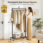 MISSLO Heavy Duty Clothes Racks for Hanging Clothes 25mm Metal Clothing Rack with Shelves for Storage Rolling Garment Rack with Wheels for Bedroom, Laundry, Black, 28" x 15.5" x 60"
