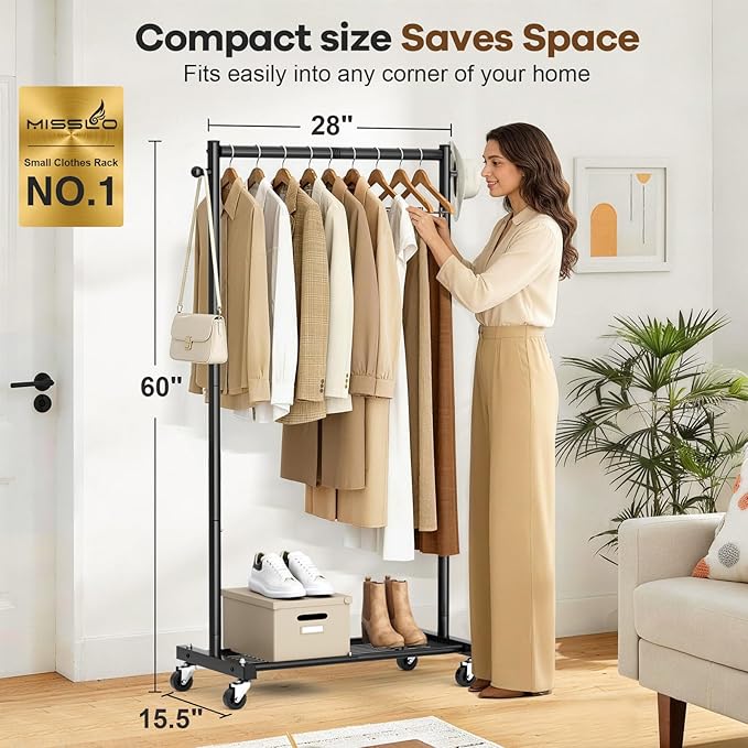 MISSLO Heavy Duty Clothes Racks for Hanging Clothes 25mm Metal Clothing Rack with Shelves for Storage Rolling Garment Rack with Wheels for Bedroom, Laundry, Black, 28" x 15.5" x 60"