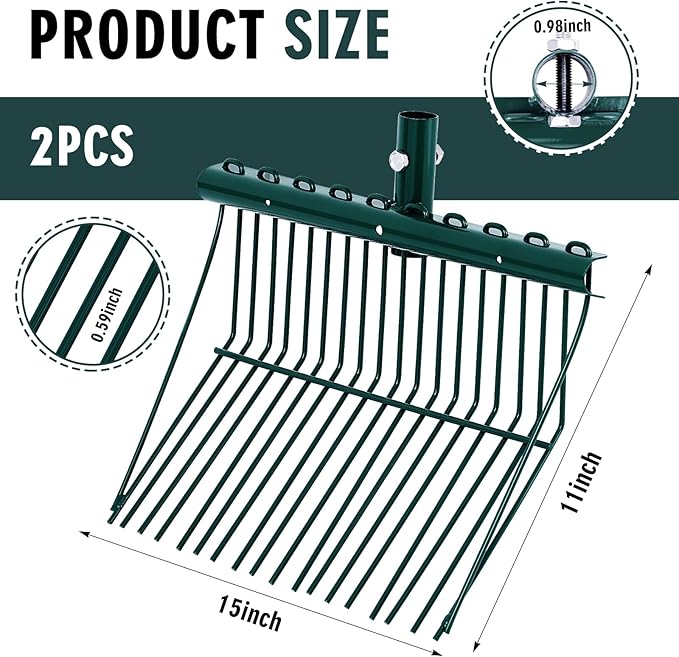 Tandefio 2 Pack Pitchfork Replacement Head Metal Horse Manure Rake Gardening Pitch Fork with Angled Tines for Horse Stall Poop Picking up(Green)