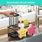 HapiRm Sink Caddy Sponge Holder - Self-draining Kitchen Sink Organizer with Smiley Face and Brush Holder, Stainless Steel Kitchen Sponge Caddy for Countertop - Black
