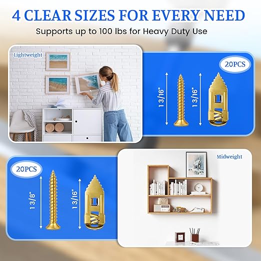 81 Pcs Self Drilling Drywall Anchors with Screws, Upgraded 4 Sizes No-Drill Expansion Anchors and Screws for Heavy Duty, Holds 100Lbs for Wall Decors, TV, Cabinets, Curtains, Includes PH2 Bit