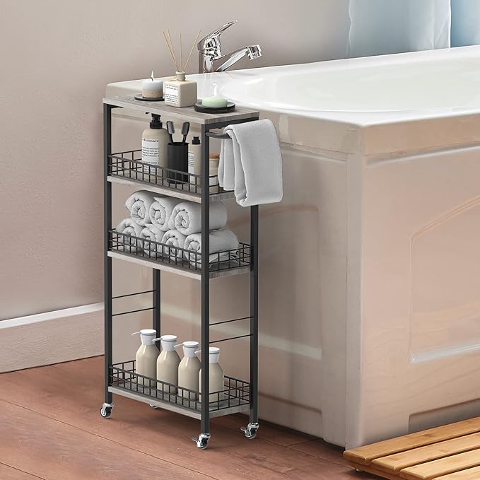 4 Tier Slim Storage Cart Narrow Laundry Cart on Wheels Utility Kitchen Rolling Cart with Wood Tabletop Mobile Shelving Unit Bathroom Storage Organizer Slide Out Rolling Tower for Narrow Spaces