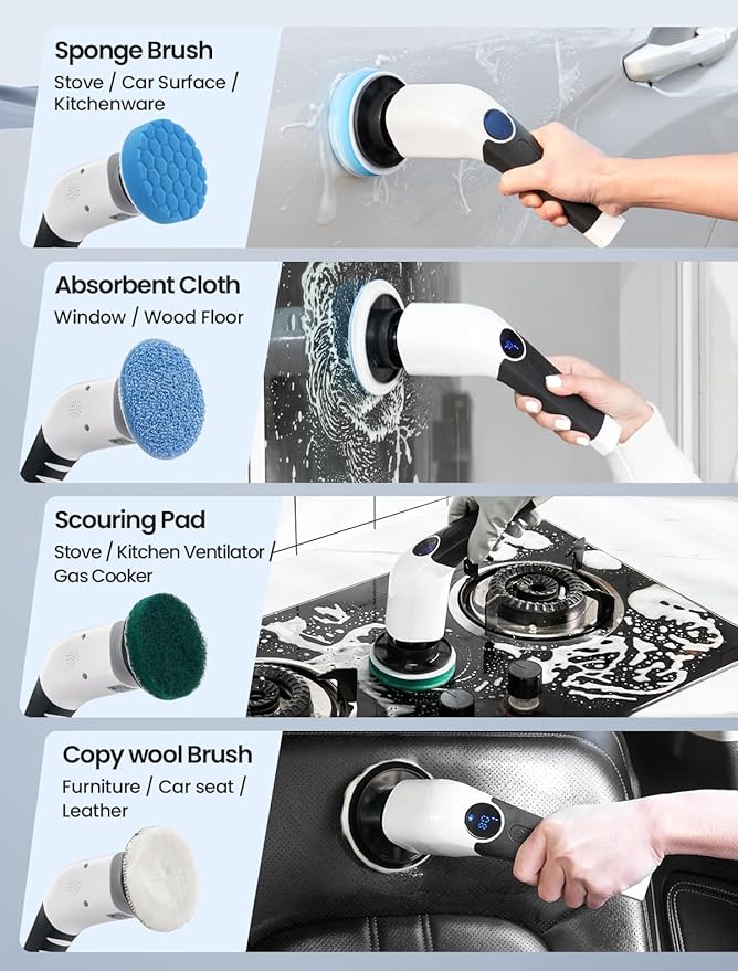 Electric Spin Scrubber, 2025 New Cordless Shower Cleaning Brush with 8 Replaceable Brush Heads, 3 Adjustable Speeds, and Adjustable Extension Handle for Bathroom Floor Tile