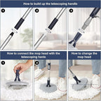 Spin Mop and Bucket System with180-Degree Rotating Head Telescopic Handle Dual Chamber Bucket Floor Cleaning Set with 3 Mop Refills Dual-Function Wringing Hand-Press and Foot-Pedal