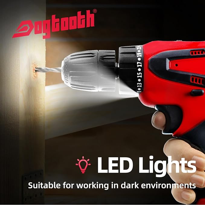 DOGTOOTH 21V MAX Cordless Drill, 1* Battery and Charger, 2 Variable Speed Max 1350 RPM, Build-in LED, 23 Bits, Storage Bag - Red