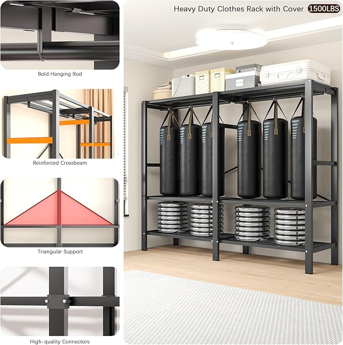Foldable Portable Armoire Wardrobe Closet for Hanging Clothes Rack, Heavy Duty Covered Clothes Rack with Cover(HARDBOARD Magnetic), Closet Garment Rack for Bedroom Storage (KT Off-white, 59.05in)