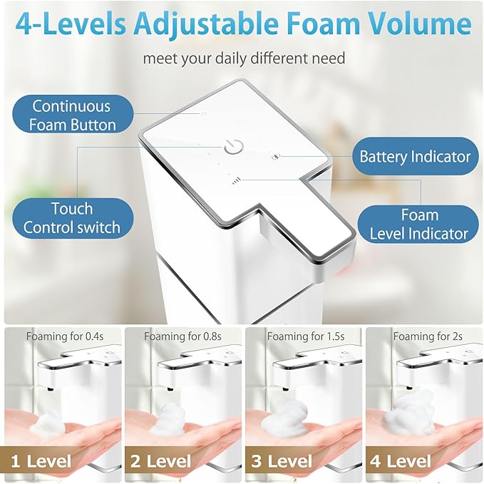 Automatic Foaming Soap Dispenser Touchless 380ml/12.8oz Rechargeable Hand Soap Dispenser Wall Mounted 4 Levels Adjustable Foam Soap Pump for Bathroom Kitchen Dish Soap