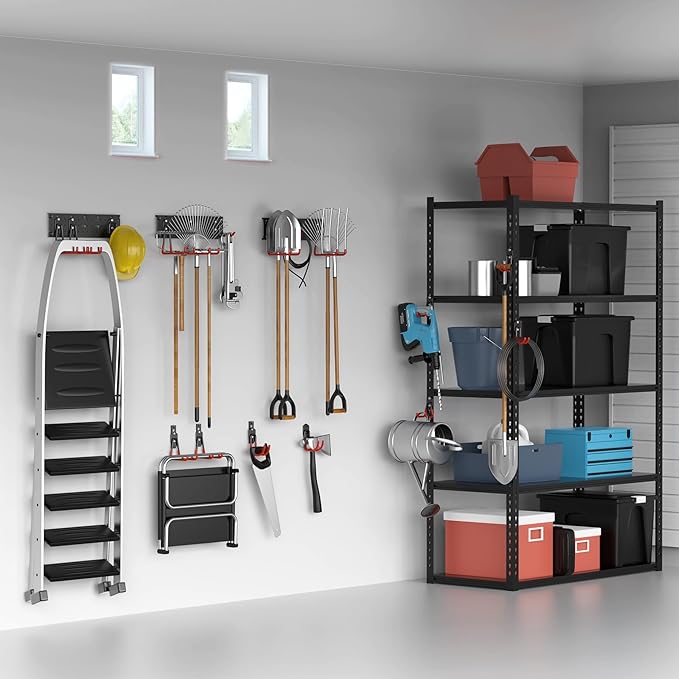 TORACK 24 PCS Garage Storage Hooks with Tracks, Wall Mount Tool Organizer for Garden Tools, Ladders, Cords, Folding Chairs, Shovels and Rakes, Shelving Hooks for Keyhole Style Shelving Units