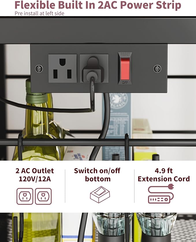 Kitchen Rolling Cart with Power Strip, 3 Tier Microwave Stand on Lockable Wheels, Small Utility Cart with Storage, Coffee bar&Tea Table, Organizer Shelves for Kitchen, Office, Living Room