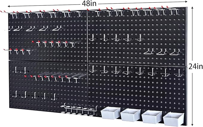 48x24 inch Black Metal Pegboard Kit for Wall Organization with Hooks, Garage Storage Bins, and Utility Tool Board, Efficient Tool Organizer Peg Board