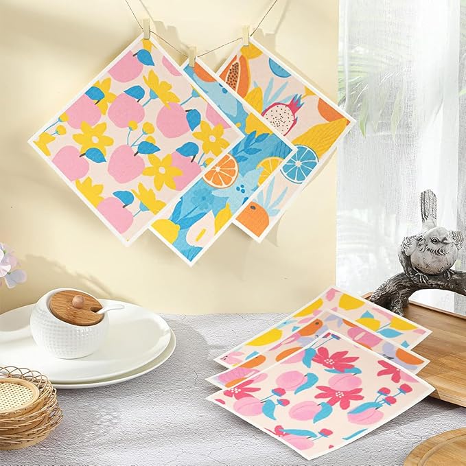 6 - Pack Swedish Kitchen Dish Cloths - Reusable Paper Towels for Counters & Dishes - Eco Friendly Cellulose Sponge Cloth - Assorted (Fruit Plants)