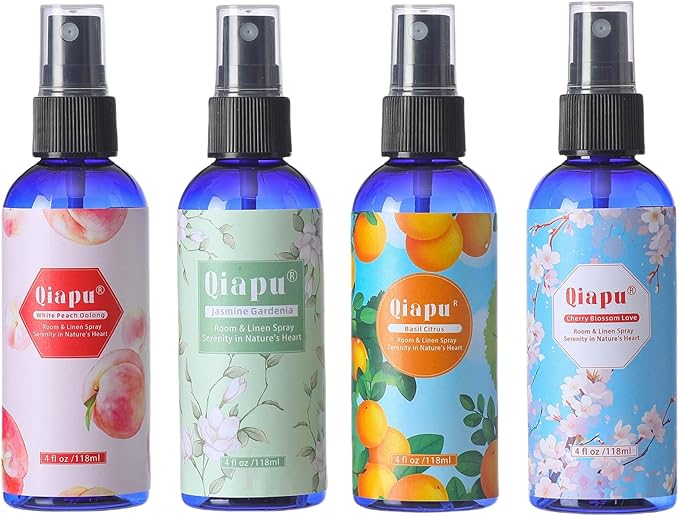 Natural Bedroom Linen Spray Scented Room Mist with Plant Extracts Long Lasting Freshness for Sheets, Pillows & Curtains – 4oz 4Bottle（Cherry Blossom + Citrus + White Peach + Gardenia）