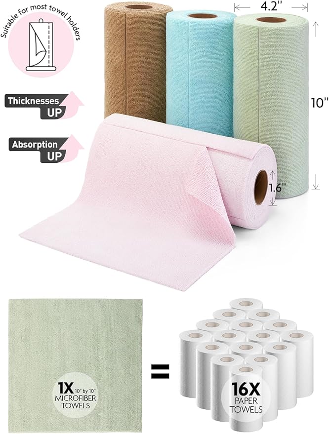 Fantasticlean Tear-Away Dish Cloth- 80 Sheets, 4 Rolls - 10'' by 10'', Reusable Washable Kitchen Towels, Super Absorbent Microfiber Cleaning Cloths (Pink,Blue,Tan,Moss Green)