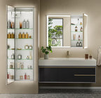 16"x60" Tall Lighted Medicine Cabinet with Mirror Door & Brush Nickel Bevel Frame, Surface or Recessed LED Bathroom Mirror Cabinet with Outlet, 5-Tier Adjustable Shelf & Sensor Inner Light