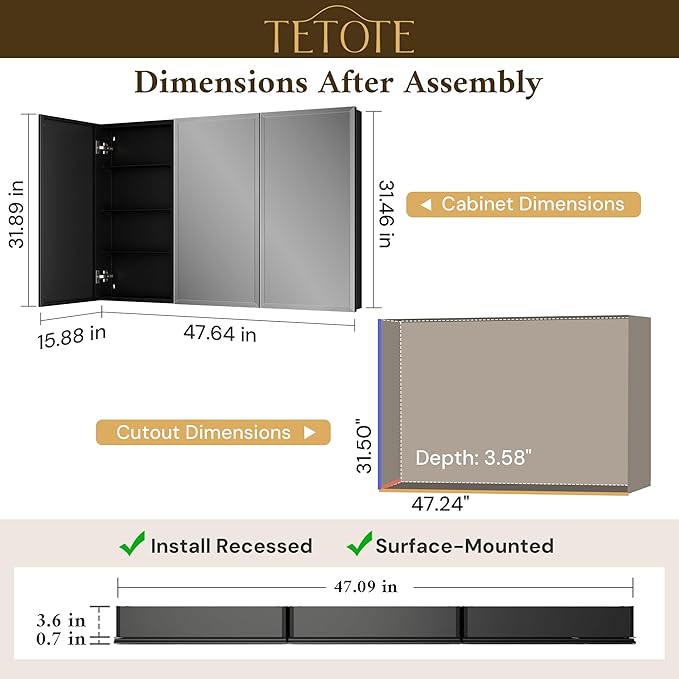 TETOTE 48 x 32 Bathroom Vanity Mirror Cabinet with Tempered Beveled Mirror Black Medicine Cabinet Aluminum Cabinet DTC Hinges, Stepless Adjustable Shelves, Recessed/Surface-Mounted