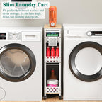 Slim Storage Cart 4 Tier Laundry Cart with Wheels, Narrow Metal Kitchen Rolling Carts Bathroom Organizers Storage Shelf with Wood Rack and Handle for Small Space