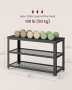 VASAGLE, 3-Tier Shoe Rack, Shelf Storage Bench with Metal Mesh Shelves and Seat, Free Standing Shoe Organizer for Entryway, 11.8 x 28.7 x 17.7 Inches, Ebony Black and Black ULBS073B06