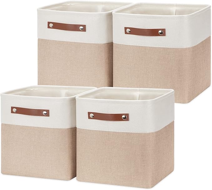 HNZIGE Foldable Storage Cubes Baskets for Organizing Set of 4, Fabric Cube Storage Bins 11 x11, Collapsible Storage Basket Bins Cube with Handles for Shelves Home Nursery(White Beige)