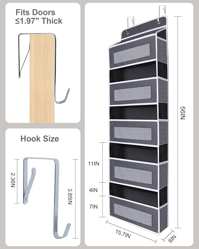 Over The Door Organizer 44LB Capacity with 5 Large Pockets & 10 Mesh Side Pockets, Clear Window Anti-Tilt Hanging Storage for Nursery, Bathroom, Pantry - Dark Grey, 1 Pack