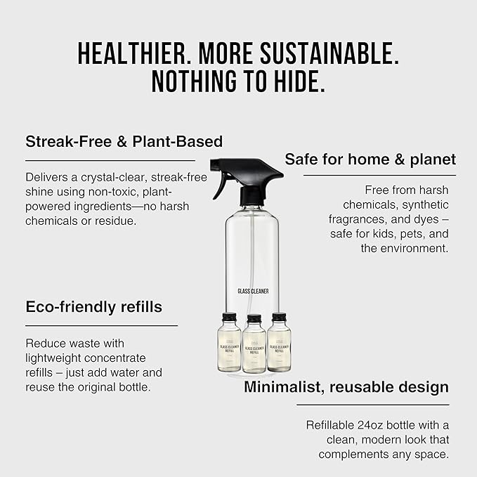 Public Goods Glass Cleaner Refill & Glass Spray Bottle | Refill Concentrate for Windows & Mirrors | Cruelty Free, Paraben Free, Vegan Friendly | 3 Pack - 24 Oz Diluted