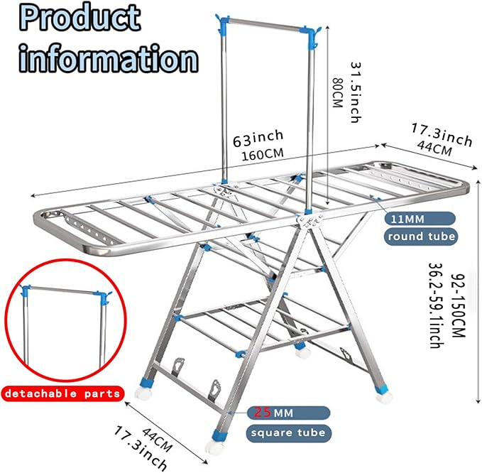 Heavy Duty Clothes Drying Rack Foldable with Brake Wheels,75''Extra-Thick Metal Frame, 26 Rods Commercial-Grade Large Capacity,No Assembly Required, Adjustable Height for Indoor Outdoor Use