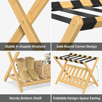 BAMBOOHOMIE 2 Pack Bamboo Luggage Rack for Guest Room, 26.77" Folding Wide Suitcase Stand with Storage Shelf, Thickened Luggage Stand Holder for Bedroom Hotel, Luggage Rack for Suitcases (Natural)