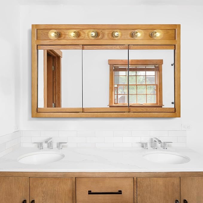 Design House Richland Medicine Cabinet with 6 Lights, Fully Assembled, Wall Mounted, 3 Mirrored Doors, Wood Frame, Oak Finish, 48 in x 5 in x 30 in, 530626-NOK