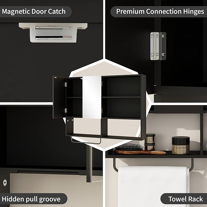 Wooden Bathroom Organizers, Over The Toilet Storage Cabinet with 2 Doors, Adjustable Shelves & Towel Bar, Wall Mounted Medicine Cabinet for Laundry with Mirror, Black