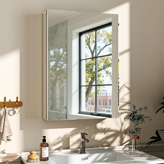 BEAUTYPEAK Bathroom Medicine Cabinet Mirror with Storage, 16 Inch x 24 Inch Silver Medicine Cabinet with Single Door & Adjustable Shelves for Vanity, Tempered, Aluminum Surface, Wall-mount or Recessed