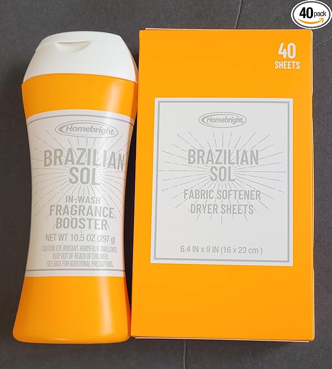 Brazilian Sol In-Wash Fragrance Booster 10.5oz and Fabric Softener Dryer Sheets 40 Count, Set of 2