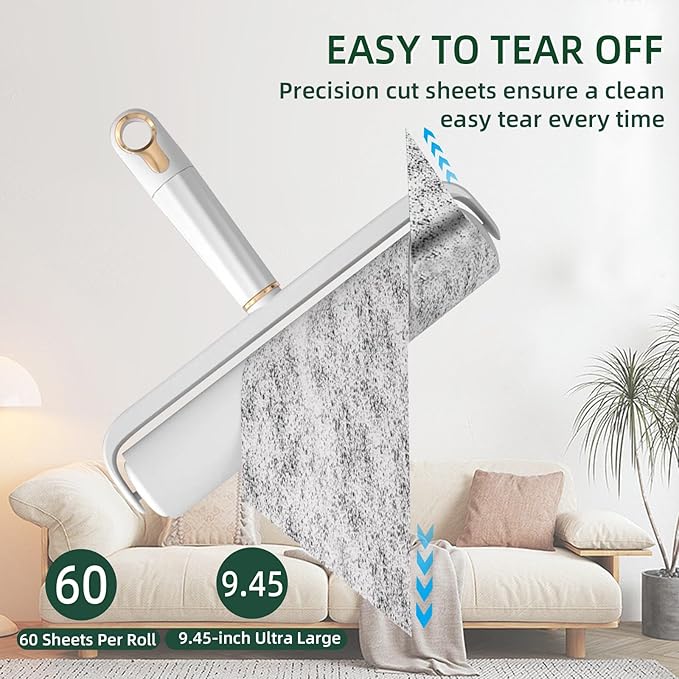 Large Lint Rollers for Pet Hair, Floor Lint Roller with 9.45 in Giant Lint Roller Refill 360 Sheets Total, Extendable Handle Sticky Rollers for Floor, Carpet, Furniture, Clothing & Couch (White)