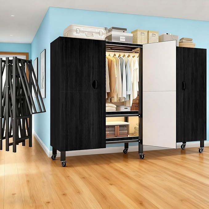 Foldable Portable Armoire Wardrobe Closet for Hanging Clothes Rack, Heavy Duty Covered Clothes Rack with Cover(HARDBOARD Magnetic), Closet Garment Rack for Bedroom Storage (KT-WoodgrainBlack, 70.86in)